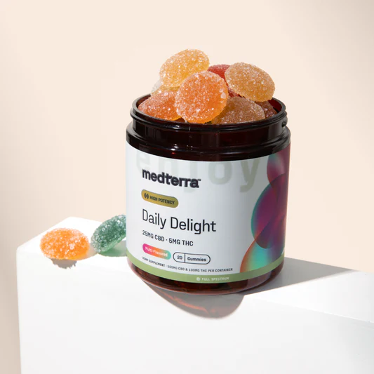 Front view of Daily Delight CBD Gummies jar showing High Potency label and colorful sugared gummies on white background