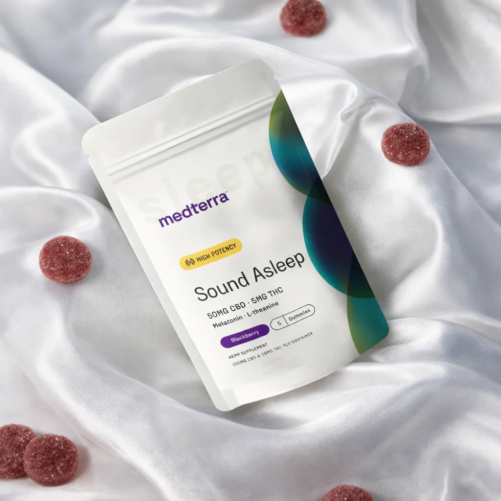 Angled pouch of Sound Asleep gummies showing medterra logo, High Potency badge and 50mg CBD/5mg THC on white satin with red gummies