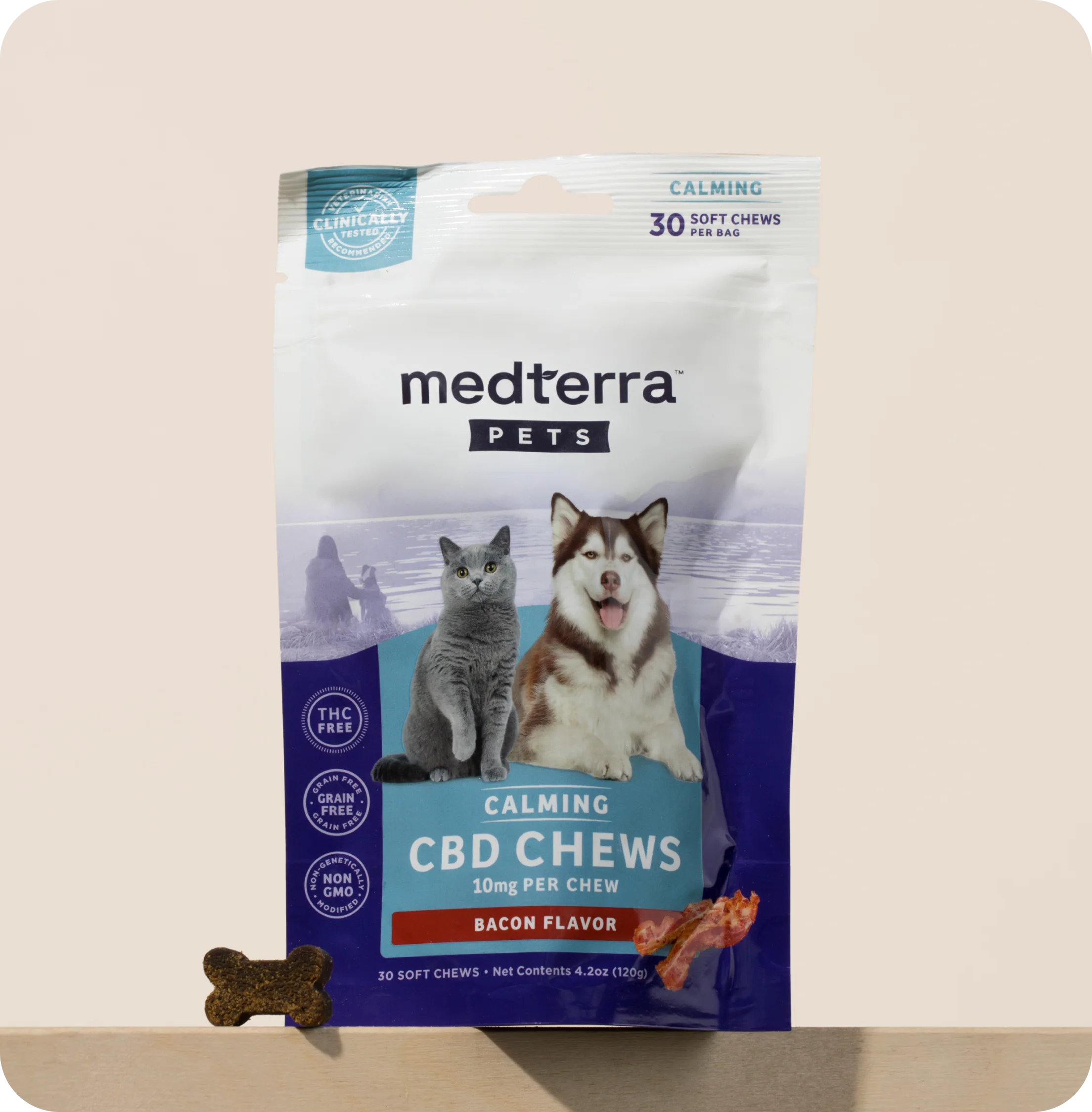 Top-front of Pet CBD Calming Chews bag showing Medterra PETS logo, ‘Calming’ label and ‘30 soft chews, 10 mg per chew’ text on a pale beige background