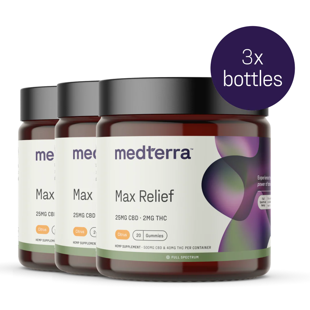 Front of three Max Relief Full Spectrum gummies jars showing 25 mg CBD and 2 mg THC, citrus flavor, purple 3x bottles circle