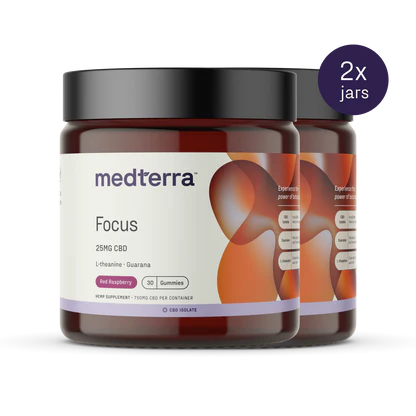 Two jars of Medterra Focus CBD Gummies containing 25mg of CBD, L-theanine, and guarana for sustained energy. The label indicates "Red Raspberry" flavor and "30 gummies." The dark amber jars with black lids feature a purple and orange design. A text circle states "2x jars.