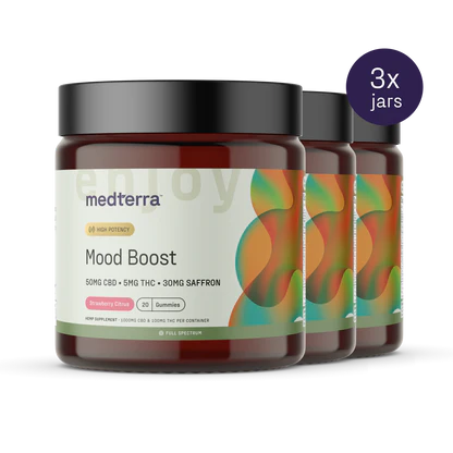Front view of Medterra Mood Boost jar showing 50mg CBD, 5mg THC, 30mg saffron; strawberry citrus, 20-count, three jars