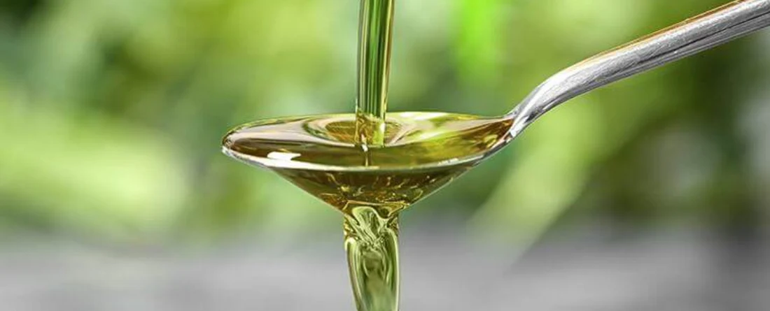 A spoonful of golden hemp oil against a blurred green background