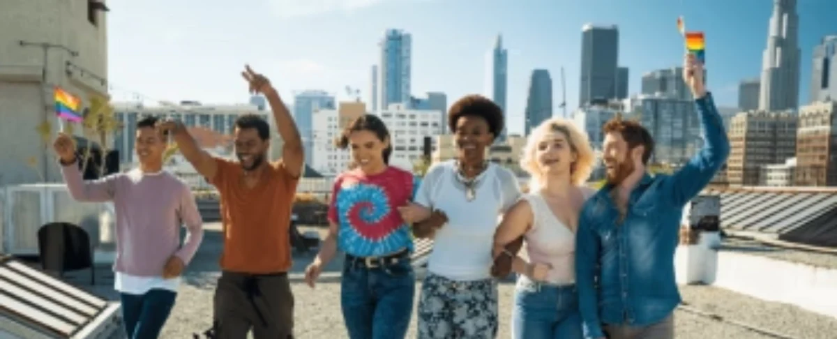 Six diverse people walking arm-in-arm on a rooftop with a city skyline, smiling and waving small rainbow pride flags