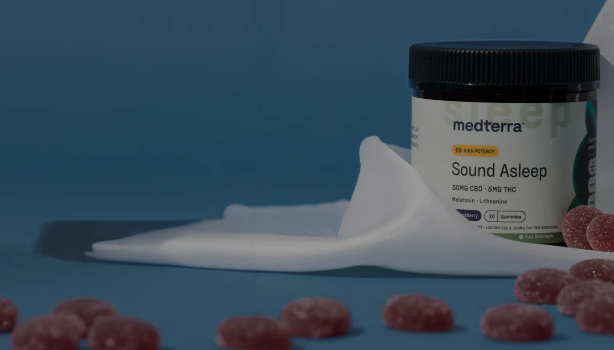 Three-quarter view of Medterra Sound Asleep gummy jar showing Sound Asleep label and 50 mg CBD with blackberry gummies on a blue surface