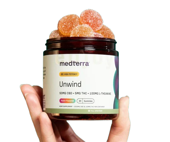 Medterra Unwind gummies jar held in hand, front label showing 50mg CBD and 5mg THC, sugar-coated gummies visible