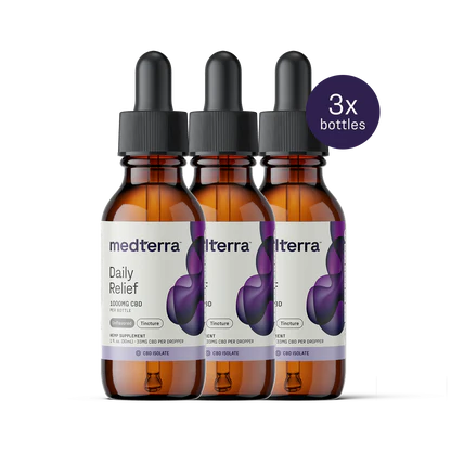 medterra Daily Relief 1000MG CBD Isolate tincture — three amber dropper bottles with purple '3x bottles' badge
