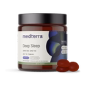Front render of Medterra Deep Sleep showing 25 mg CBD and 2 mg THC label and three mixed berry gummies on white background