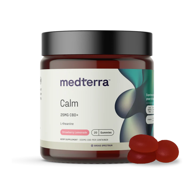 Front view of Calm CBD gummies jar showing label Calm 25 mg CBD+ with strawberry lemonade flavor and three red gummies on a white background