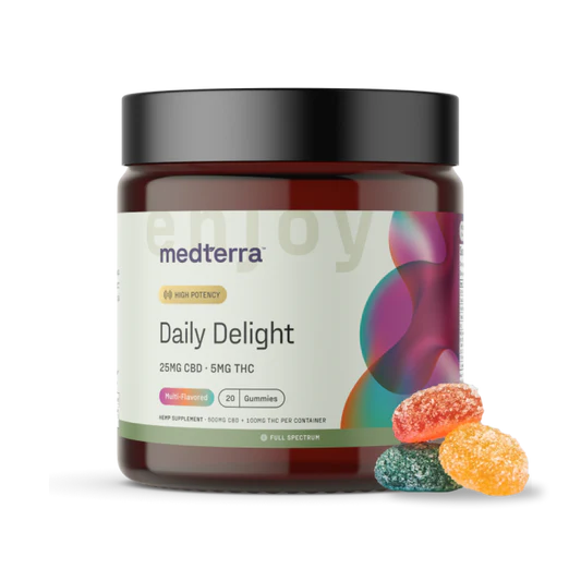 Front view of Daily Delight CBD Gummies jar showing High Potency label and colorful sugared gummies on white background