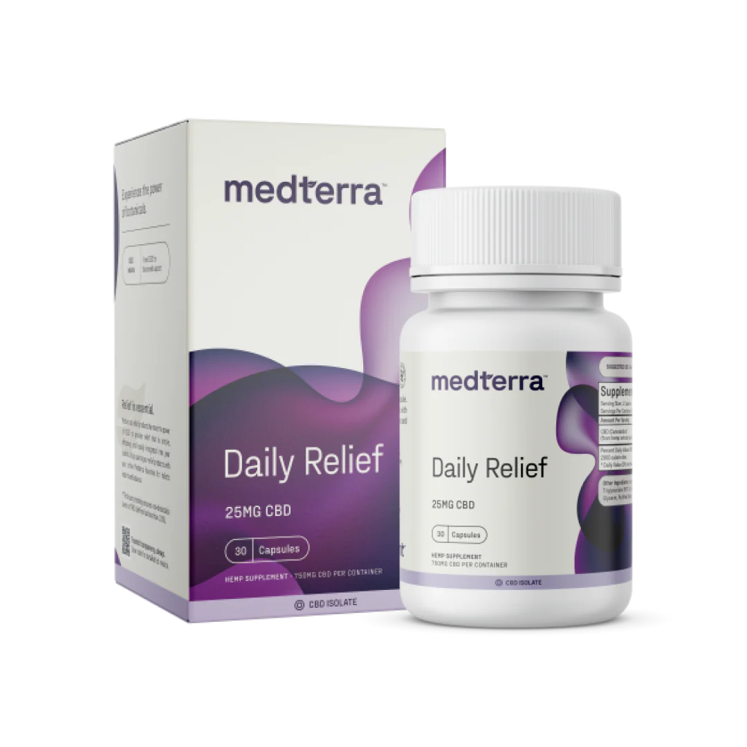 Front view of Daily Relief 25 mg CBD isolate bottle and box showing 30-count bottle and product label on white background