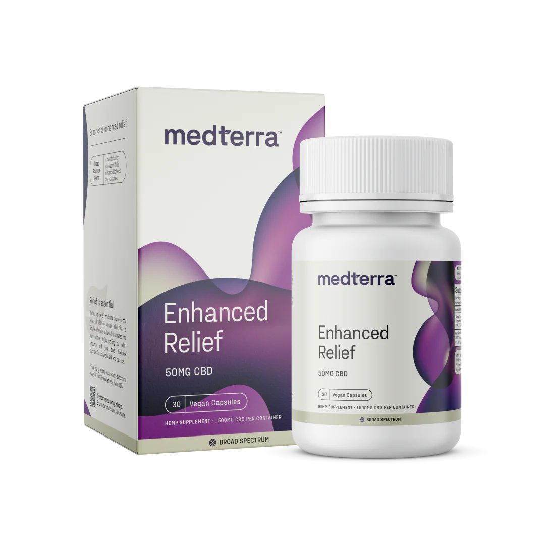 Front view of Enhanced Relief Broad Spectrum Capsules bottle and box showing 50mg CBD label and 30 vegan capsules on white background