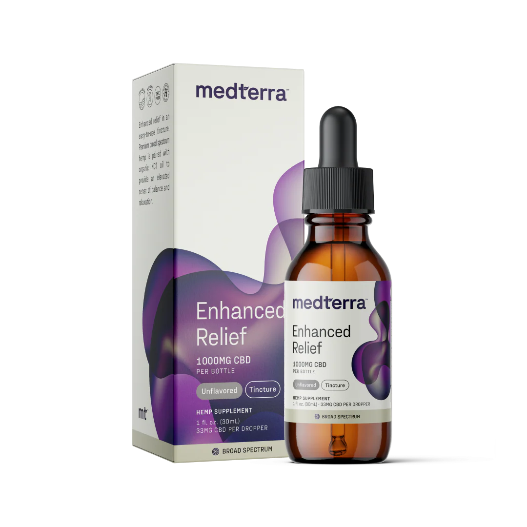 Medterra Enhanced Relief Broad Spectrum CBD Oil bottle with box, 1000mg CBD, Unflavored, Tincture, 33mg CBD per dropper.