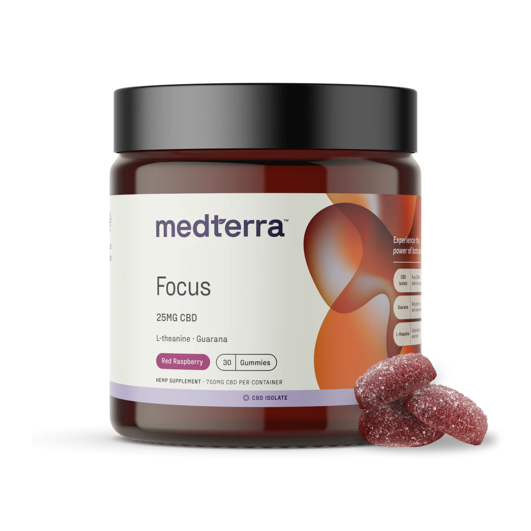 Front view of Medterra Focus 25 mg CBD gummies jar with red raspberry gummies beside it on white background