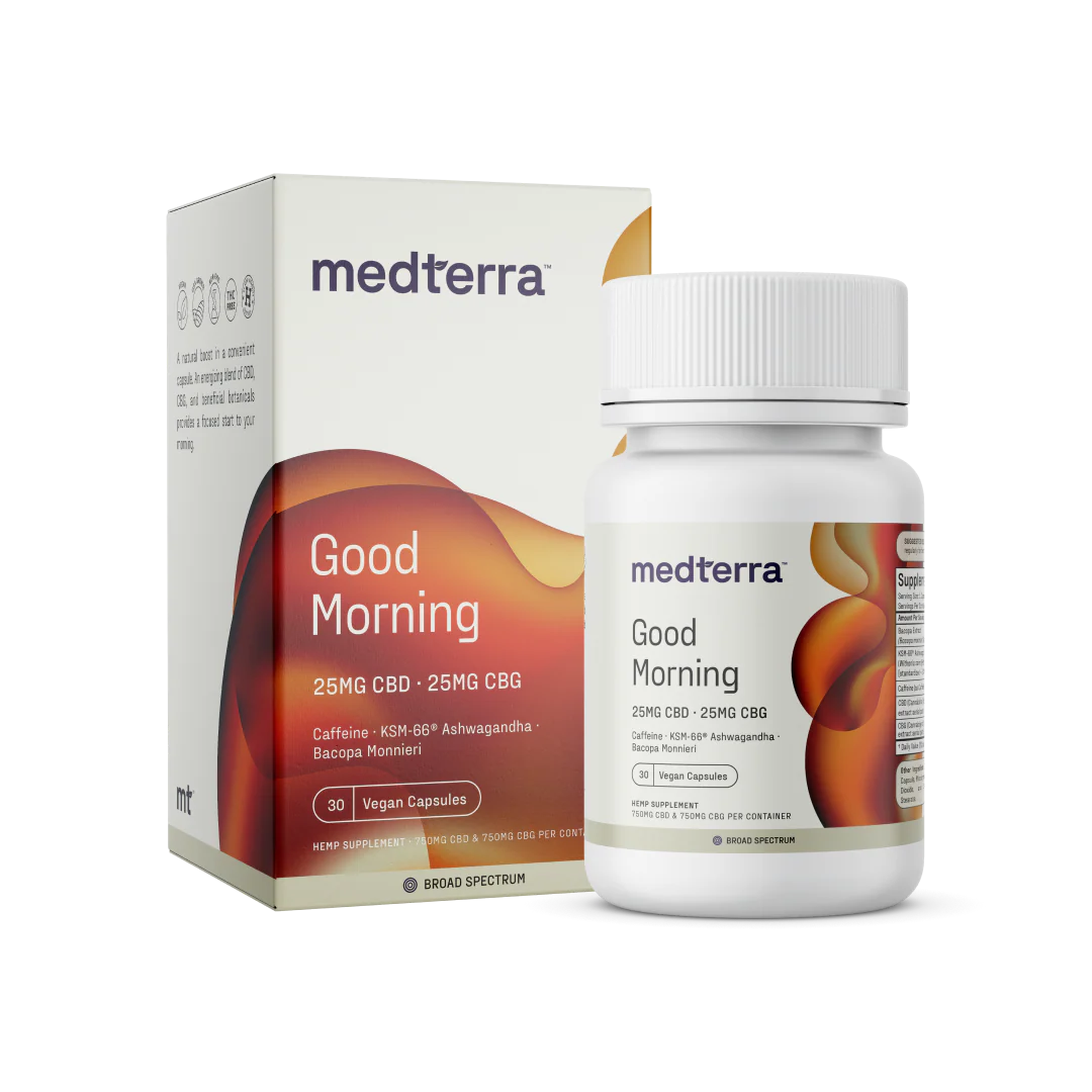 Front view of Good Morning CBD capsules bottle and box showcasing 25 mg CBD and 25 mg CBG and Vegan Capsules label on white background