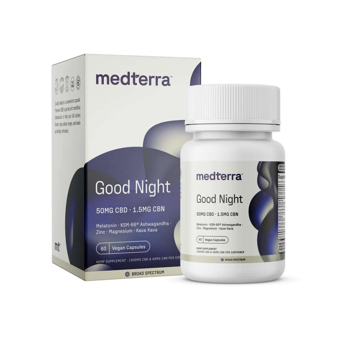 Front view of Good Night capsule bottle and box showing 50 mg CBD, 1.5 mg CBN, 60-count packaging on white background