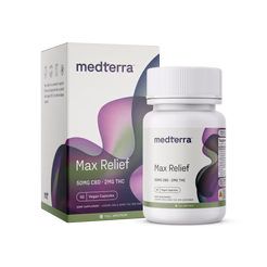 Medterra Max Relief Full Spectrum Capsules box and bottle, 60 capsules, 50mg CBD, 2mg THC.