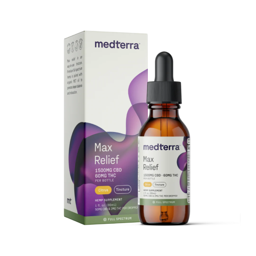 Medterra Max Relief Full Spectrum CBD Oil box and dropper bottle, 1500mg CBD, 60mg THC, citrus flavor.