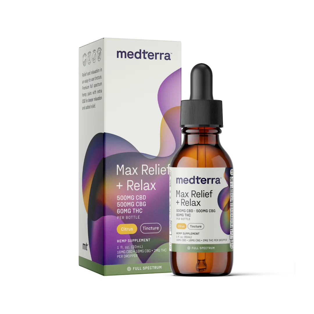 Front view of Max Relief and Relax CBD oil bottle and box, dropper visible, label shows 500mg CBD, 500mg CBG, 60mg THC