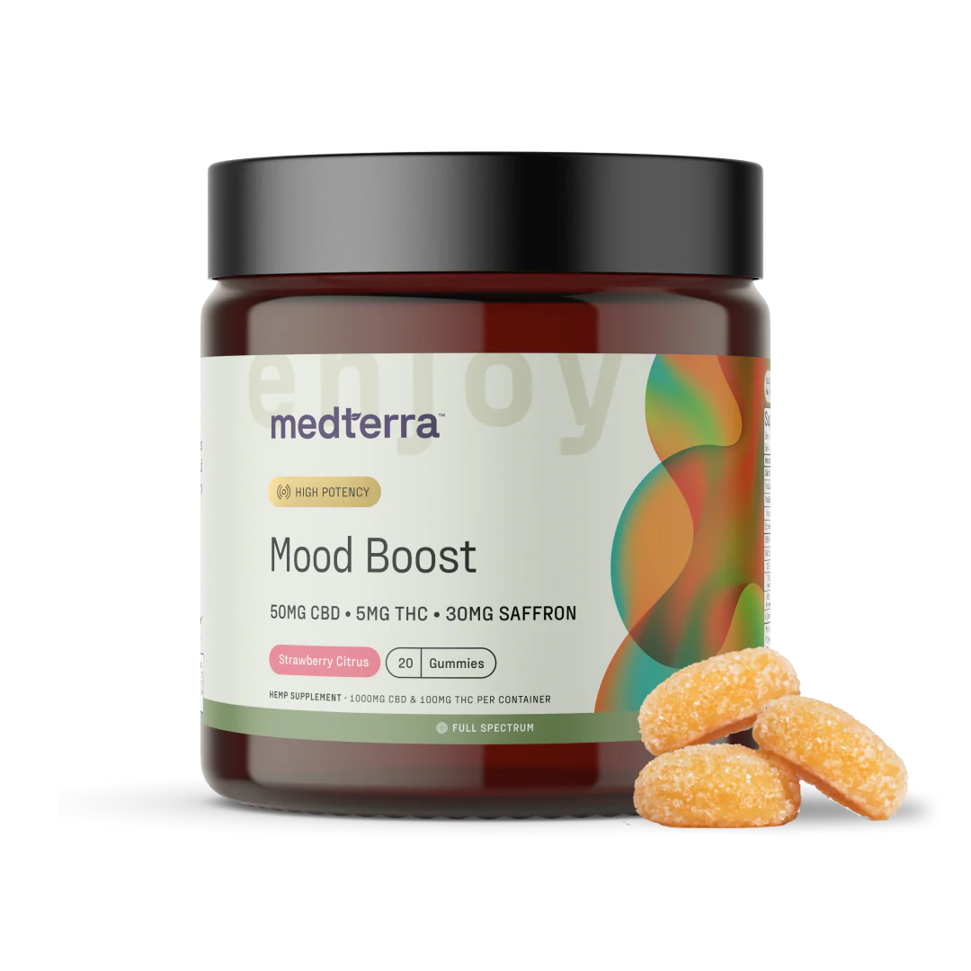 Front view of Medterra Mood Boost jar showing label ‘50mg CBD, 5mg THC, 30mg saffron’ with three sugar-coated gummies on white background