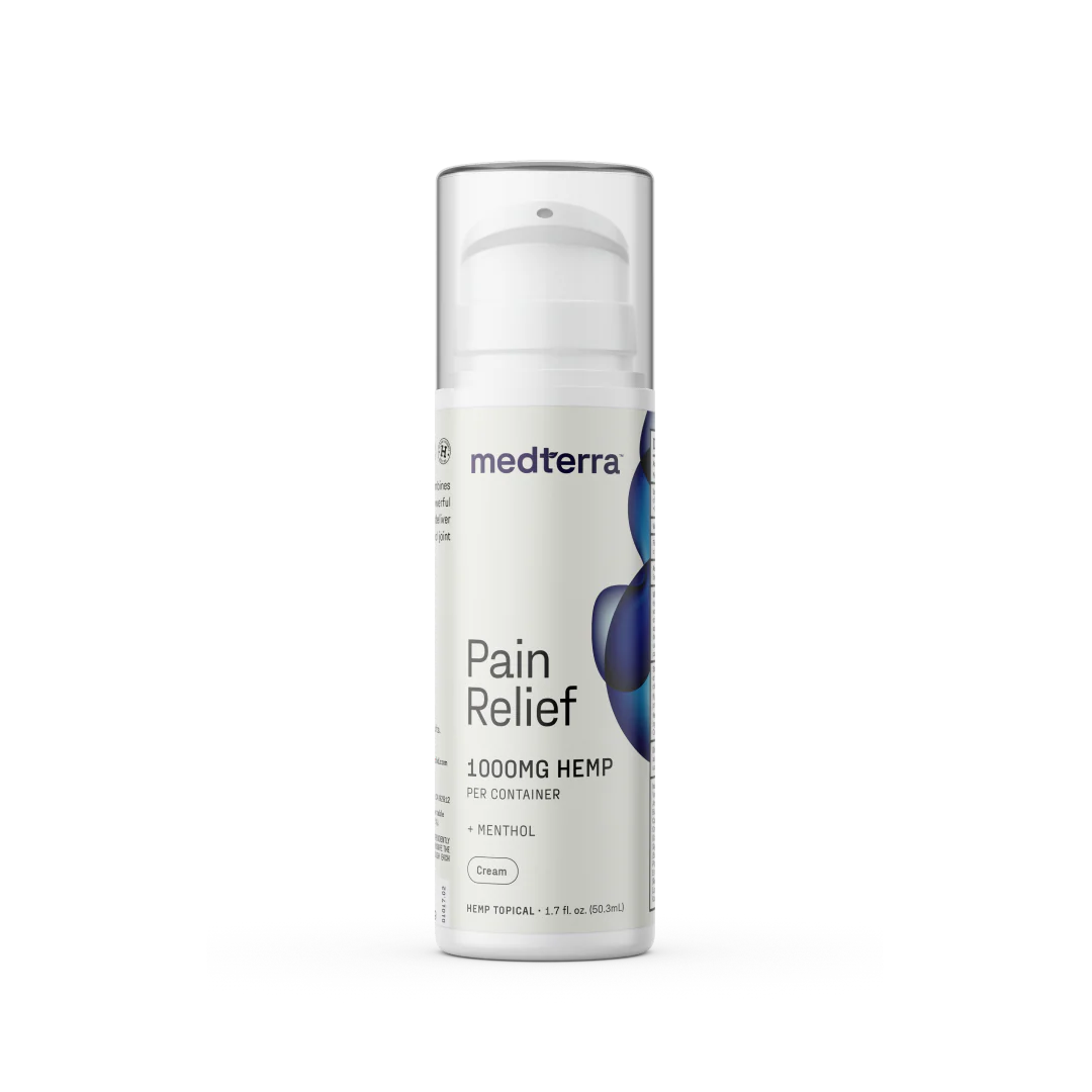 Front view of Pain Relief Cream bottle showcasing pump dispenser and label reading Pain Relief 1000 mg hemp with menthol on white background