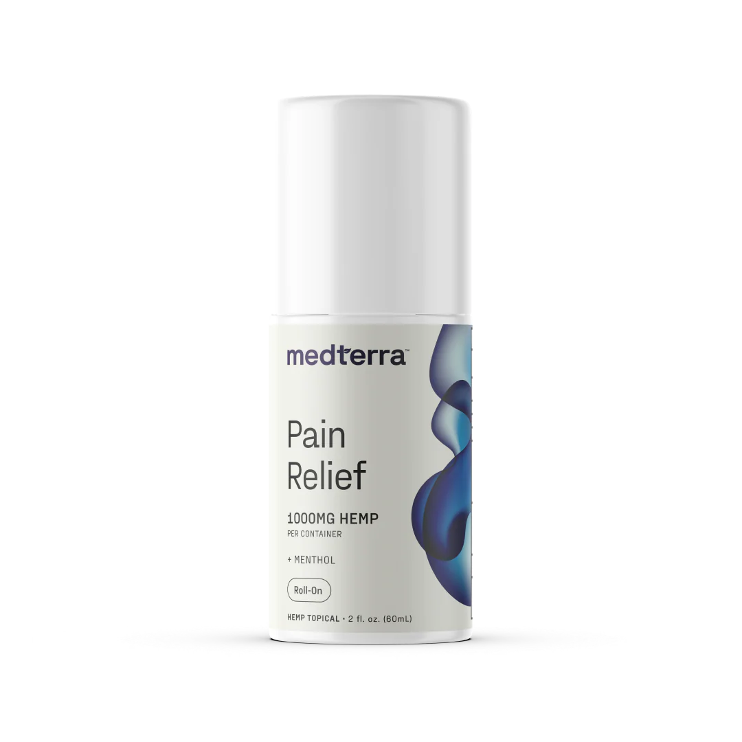 Front view of Medterra Pain Relief CBD Roll-On 1000 mg showing menthol label and roll-on applicator on white background