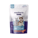 Front of Pet CBD Calming Chews pouch showcasing bacon flavor banner, 10 mg per chew and 30 soft chews on white background