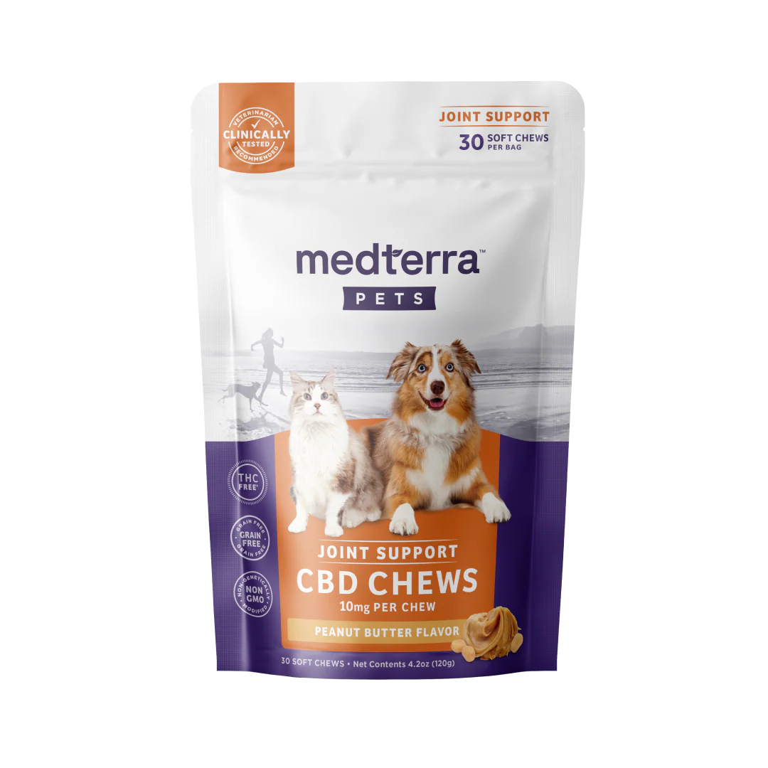 Front view of Pet CBD Joint Support Chews pouch showing 10 mg per chew and peanut butter flavor with dog and cat on white background