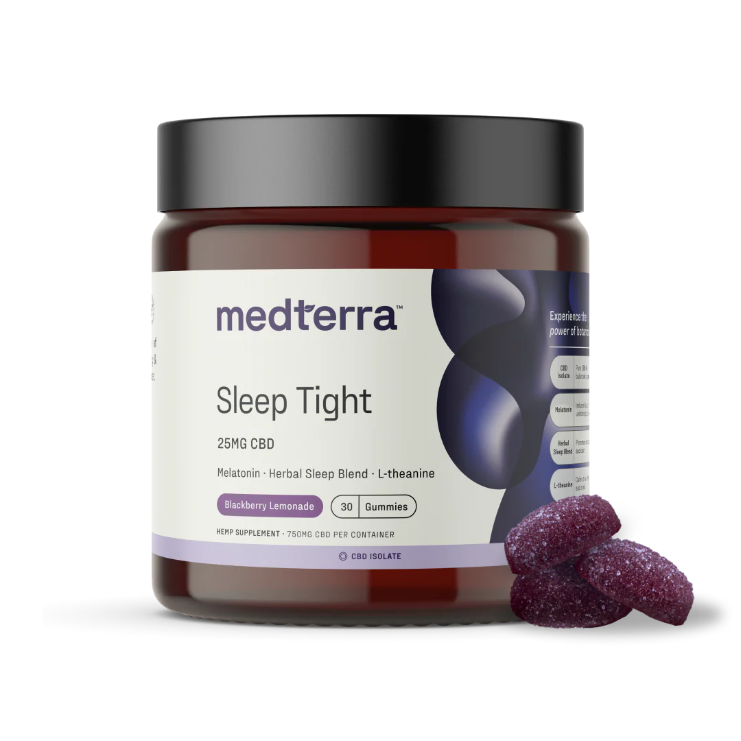 Front view of Sleep Tight 25 mg CBD gummy jar with Blackberry Lemonade label and three purple sugar-coated gummies on white background