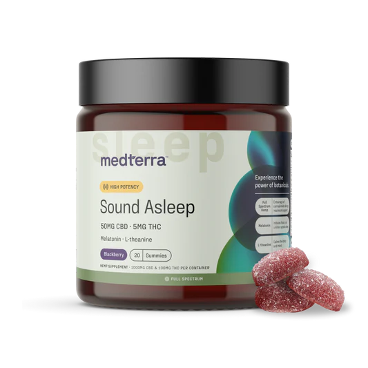 Front view of Sound Asleep gummies jar showing blackberry-flavored THC and CBD sleep gummies with three gummies beside jar