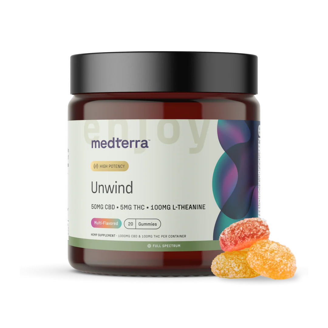 Front of Unwind THC Gummies jar showing label 50mg CBD, 5mg THC, 100mg L-Theanine with multicolored gummies on white
