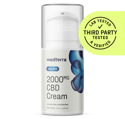 Front view of Medterra Isolate 2000mg CBD Cream pump bottle showcasing label and green Third Party Tested badge on white background