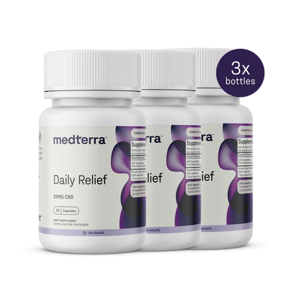 Displayed are three Medterra Daily Relief bottles, each with 25mg CBD Isolate Gel Capsules. The labels are purple and white, featuring a "3x bottles" purple circle for easy identification—ideal for on-the-go relief and THC-free.
