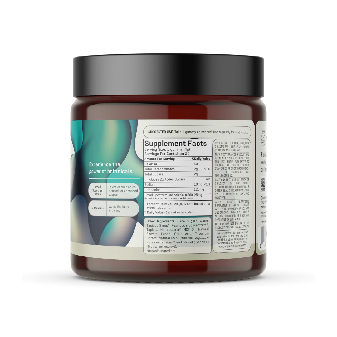 A brown jar with a black lid contains Medterra's Calm CBD Gummies, dietary supplements for stress reduction. The label features dosage instructions, a section with Supplement Facts, and other information. Designed with green abstract shapes, this product may include L-theanine for added benefits.