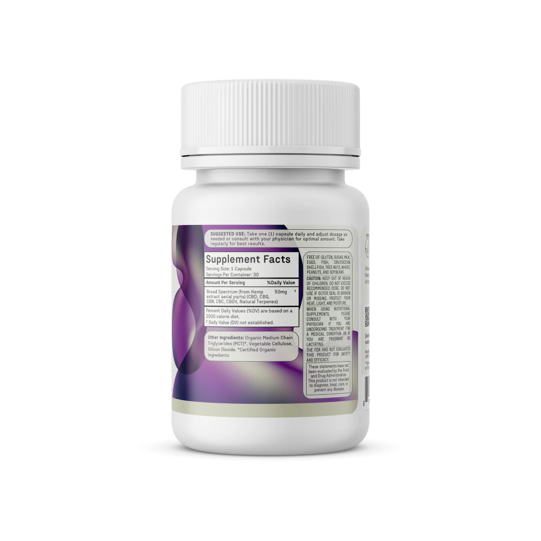 Back view of Medterra Enhanced Relief Broad Spectrum bottle with Supplement Facts panel and purple label on white background