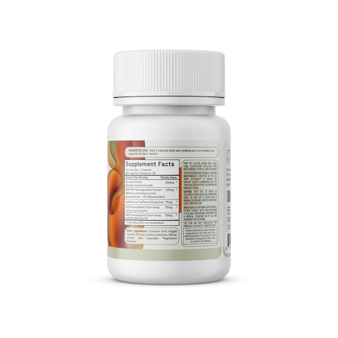 A white bottle of Good Morning Capsules dietary supplements from Medterra with a wide, white cap. The label displays supplement facts and dosage instructions, emphasizing cognitive support benefits. The bottle is slightly turned to reveal both the front and part of the side label.