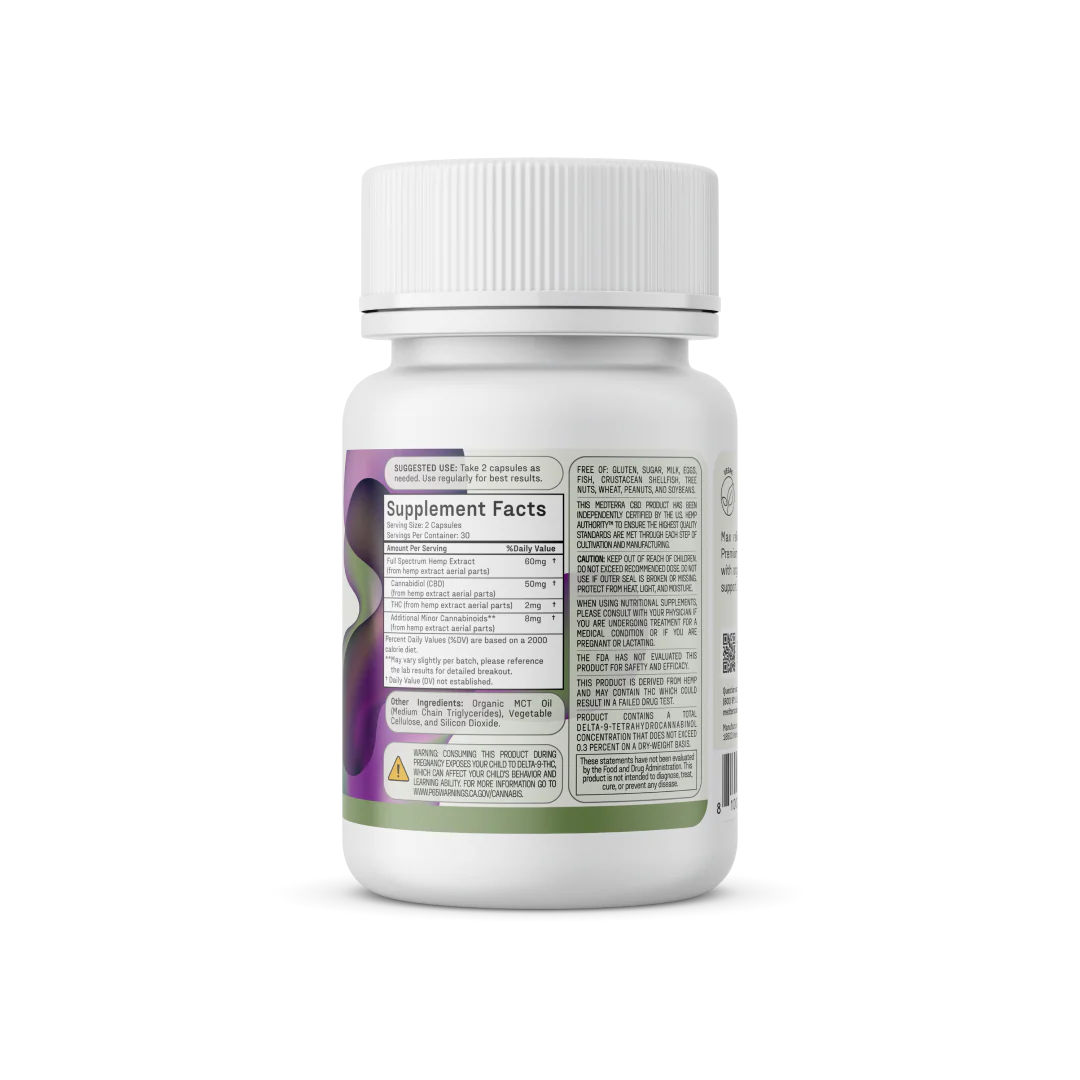 A white plastic bottle with a white lid containing Max Relief Full Spectrum Capsules from Medterra. The bottle features a label displaying "Supplement Facts" and a list of ingredients. The background of the label is partially colorful with green and purple hues, hinting at the entourage effect in every dose.