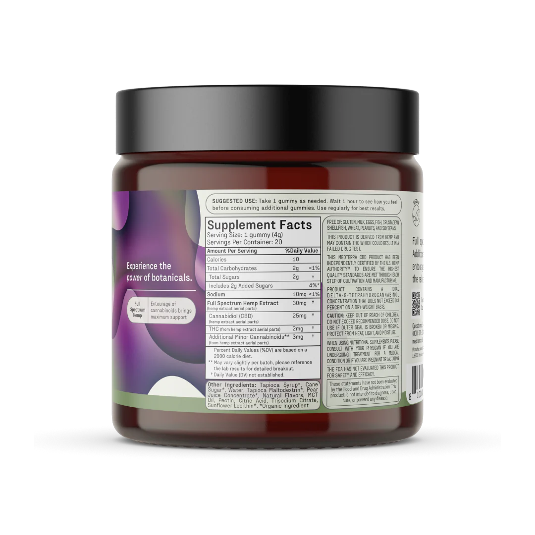Rear of Max Relief Full Spectrum CBD Gummies jar showing Facts panel and label reading Experience the power of botanicals