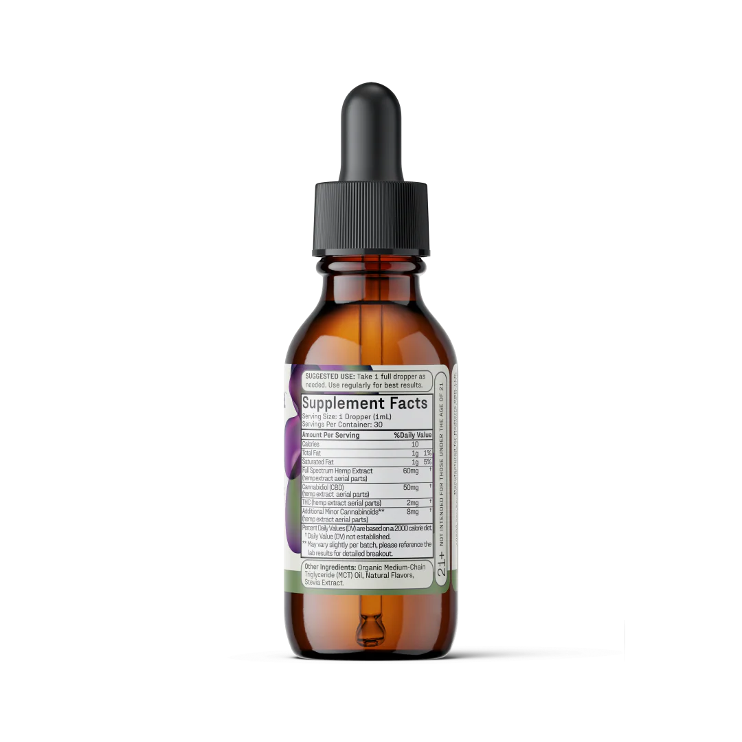 Rear view of Max Relief Full Spectrum CBD Oil 30 ml bottle showing Supplement Facts panel and ingredients on plain white background
