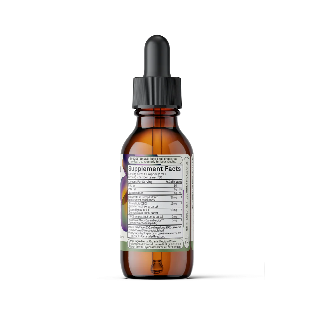 A Medterra Max Relief + Relax Full Spectrum CBD Oil comes in a brown glass dropper bottle with a black cap and pipette. The front label features a Supplement Facts panel detailing the contents, denoting it as a CBD+CBG Full Spectrum Tincture designed for relaxation support. The bottle is displayed against a plain white background.