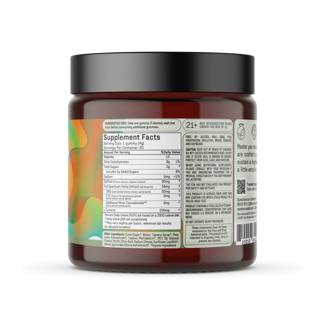 Back label of Mood Boost THC Gummies jar showing supplement facts, usage instructions, warnings, and ingredients including 1 gummy (4g) serving size, 20 servings per container, and details on CBD, THC, saffron, and other components.