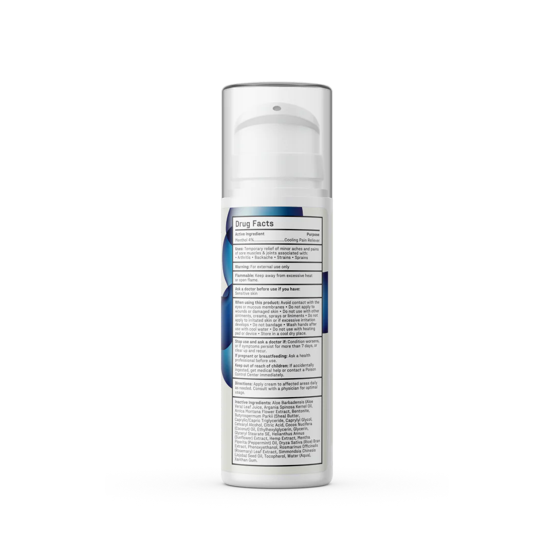 Bottle of pain relief cream with label showing Drug Facts including active ingredient Menthol 4%, uses for temporary relief of minor aches and pains, warnings, directions, and inactive ingredients.