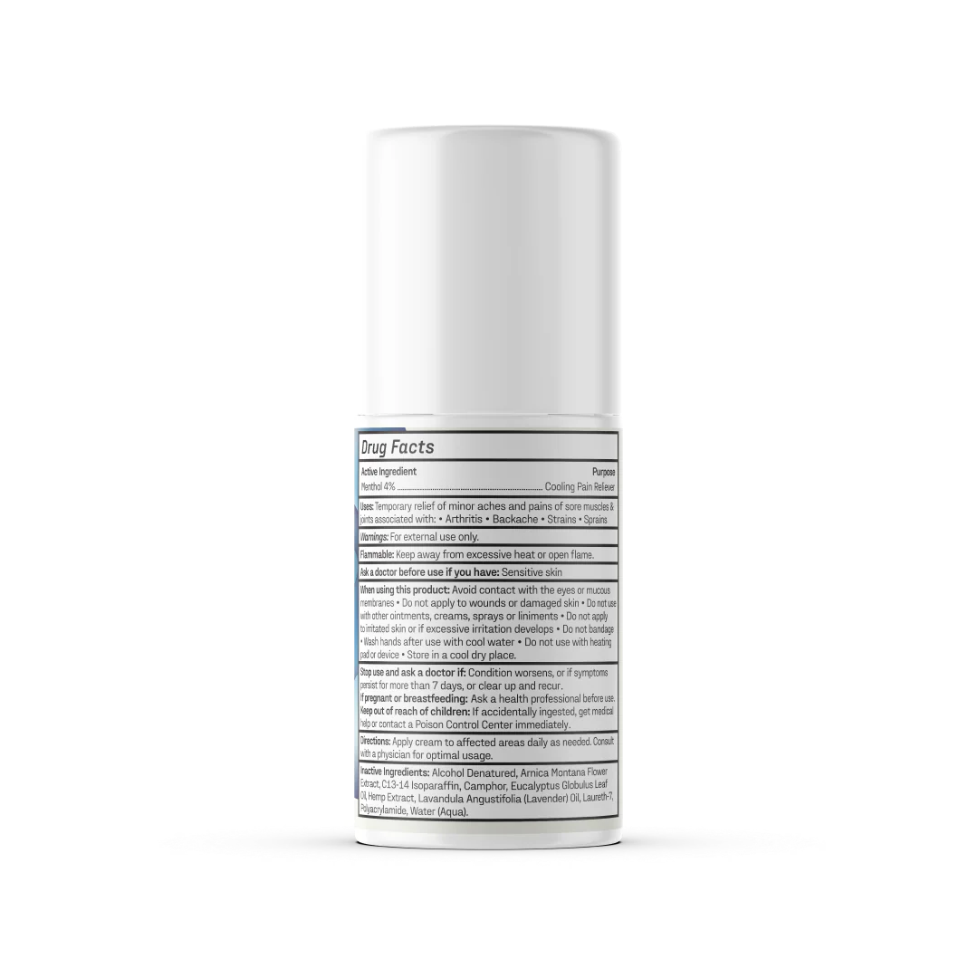 Rear view of Pain Relief Roll-On showing Drug Facts label with Menthol 4 percent, warnings and directions on white background
