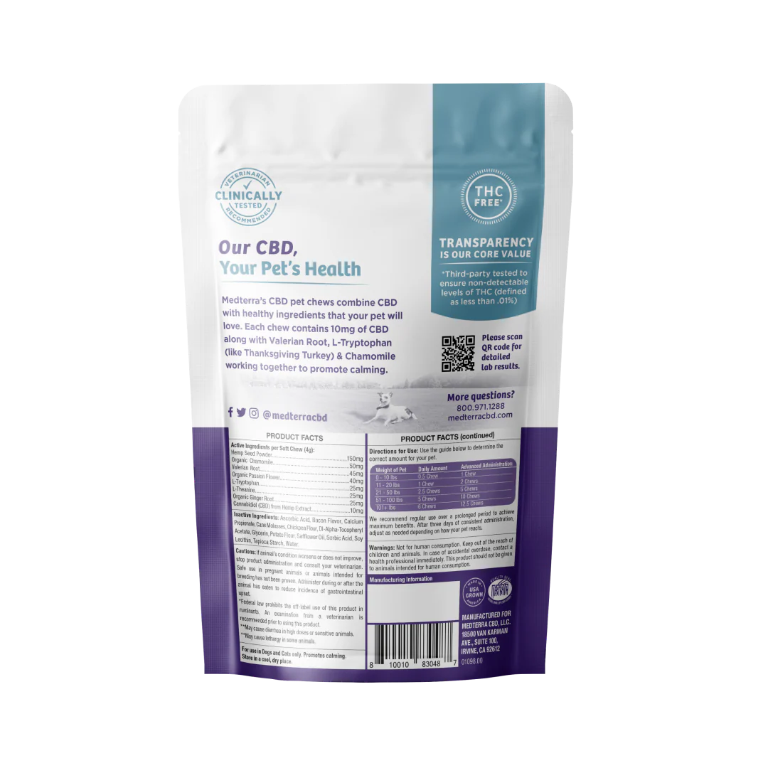 Back view of Pet CBD Calming Chews pouch showing ingredient panel, dosage chart and Our CBD, Your Pet’s Health headline on white background