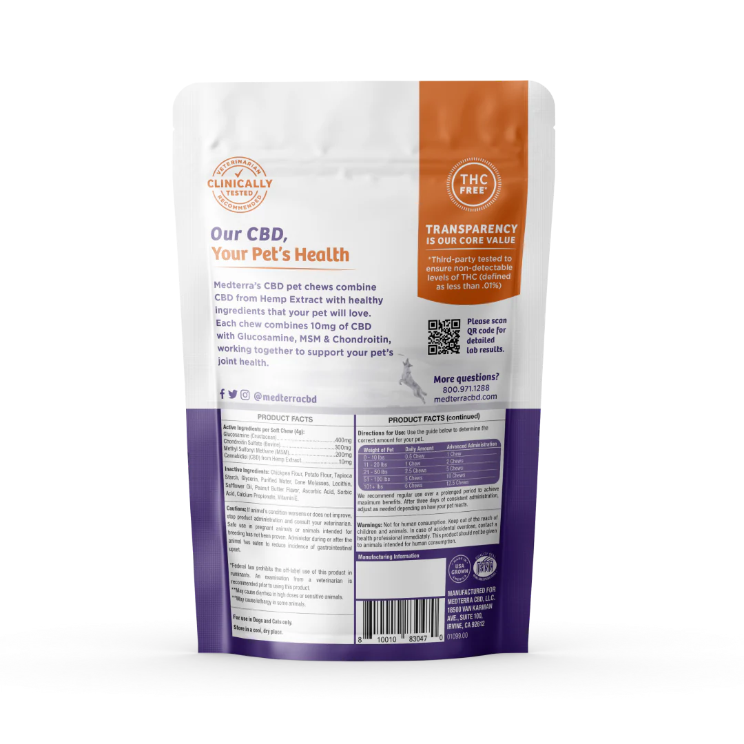Back view of Pet CBD Joint Support Chews pouch showing supplement facts, ‘Our CBD, Your Pet’s Health’ headline and THC-free badge