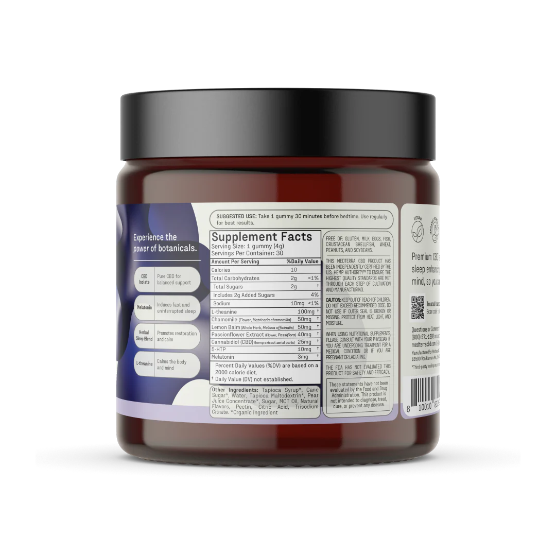 Back view of Sleep Tight CBD Gummies jar showing Supplement Facts, suggested use, and melatonin content on white background
