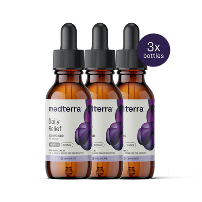 Three amber dropper bottles — medterra Daily Relief 3000mg CBD Tincture CBD Isolate; purple label swirl; 3x bottles