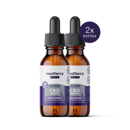 Front view of two Medterra Pet CBD 300mg tincture dropper bottles with unflavored purple-and-white labels and 2x bottles badge