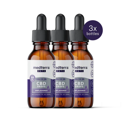 Three brown bottles of Medterra Daily Relief Pet CBD Tincture, each labeled "unflavored, 300mg, 10mg/ml," with dropper caps. Ideal CBD for pets to support joint health. A purple circle at the top right shows "3x bottles.