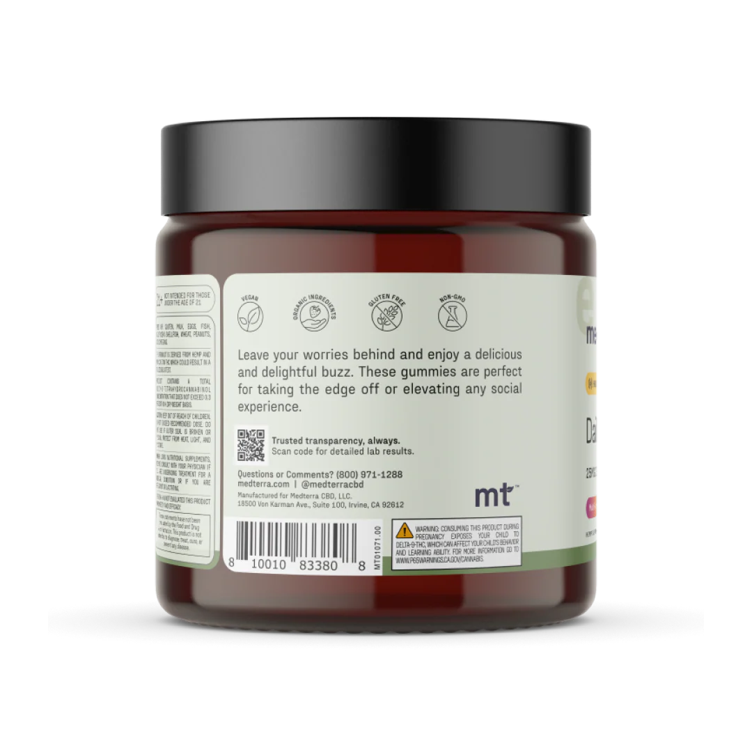 Left-side view of Daily Delight CBD Gummies jar showcasing back label with usage text, icons, and barcode on white background